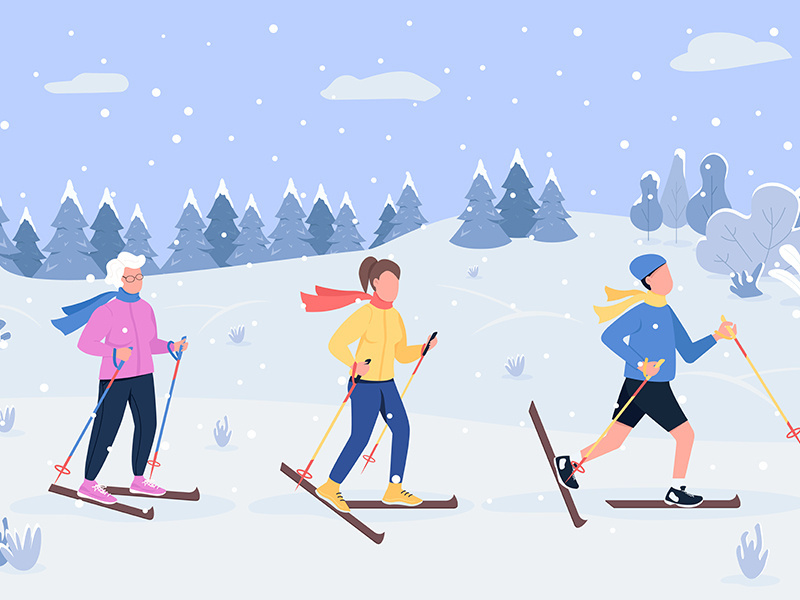 Winter skiing semi flat vector illustration