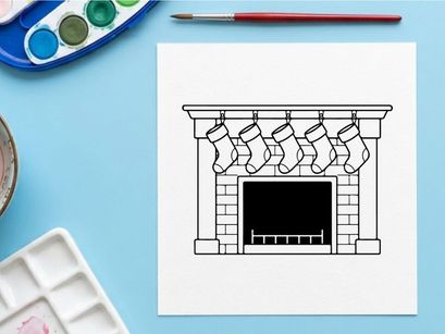Line art illustration of a fireplace with hanging stockings