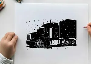 Silhouette of a semi truck driving in the snow