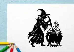 Witch Stirring Potion in Cauldron for Halloween or Fantasy Scene
