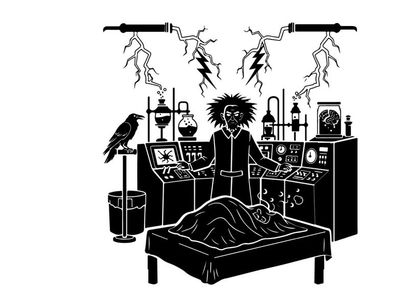 Silhouette of a mad scientist in a laboratory setting