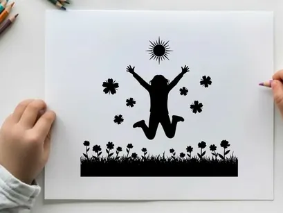 ilustrasi vektor wanita riang melompat di ladang musim panas