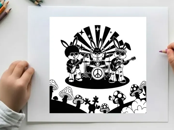 Peaceful silhouette of cartoon bunnies playing music with mushrooms