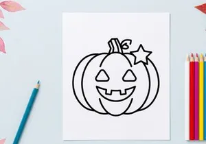 Hand-drawn Halloween jack-o-lantern with glowing smile and star. Cute cartoon pumpkin face illustration for festive autumn decor and kids crafts.