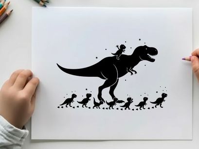 Silhouette of a t rex and its babies in a fun scene