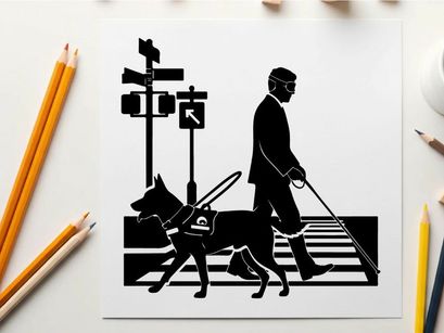 Silhouette of a blind man with guide dog crossing street