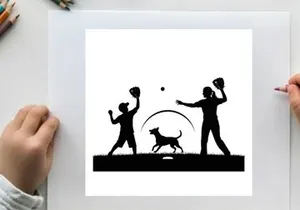 Silhouette of two people playing catch with dog