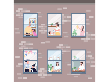 People in different apartments windows flat color vector illustration preview picture