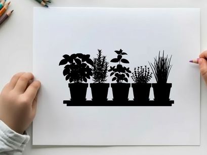 Silhouette of plants on a shelf in front of window