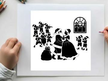 Christmas silhouette of santa and mrs claus with children playing outside window preview picture