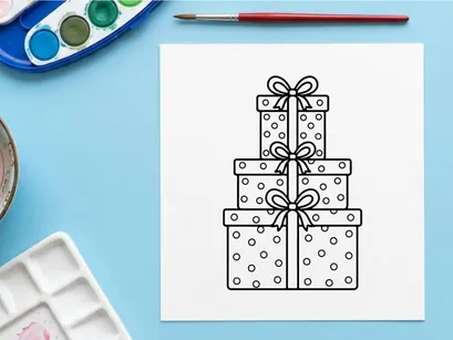 Stack of Christmas gift boxes with ribbons and bows, black and white line art illustration.