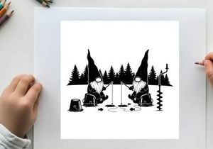 Two gnomes ice fishing in silhouette with trees and equipment