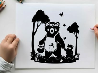 Silhouette of a mother bear and cub in forest