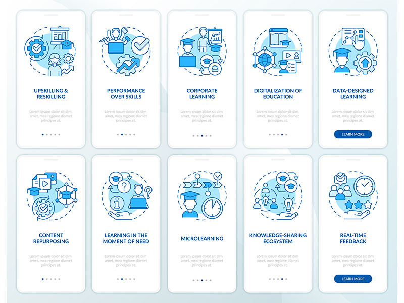 Emerging skills for professionals blue onboarding mobile app screen set