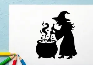 Silhouette einer Hexe, die einen Kessel in einer gruseligen Szene umrührt