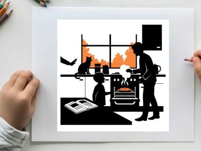 Silhouette of family in kitchen with burning house in background