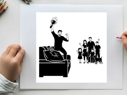 Silhouette of man jumping on couch with megaphone near family silhouette