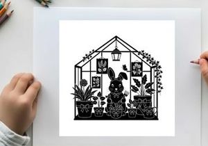 Silhouette of a rabbit in a greenhouse with plants and decorations silhouette