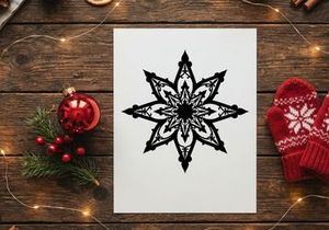 Desain ornamen salju rumit hitam putih untuk dekorasi liburan musim dingin