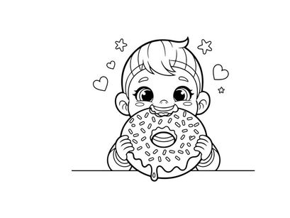 Cute baby eating donut with hearts vector illustration