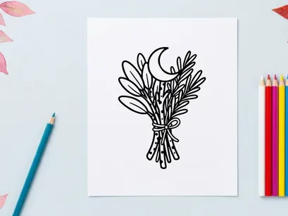 Handgezeichnete Olivenzweig-Bouquet mit Halbmond. Gruselige herbstliche botanische Illustration für saisonale Deko und Einladungen.