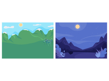 Day and night landscape flat color vector illustration set preview picture