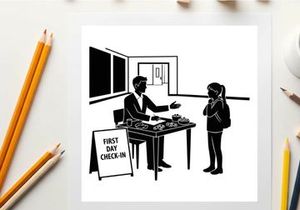 Businessman and young girl at a first day check in with silhouette