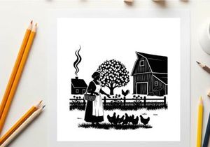 Silhouette of woman feeding chickens on a farm with barn and tree