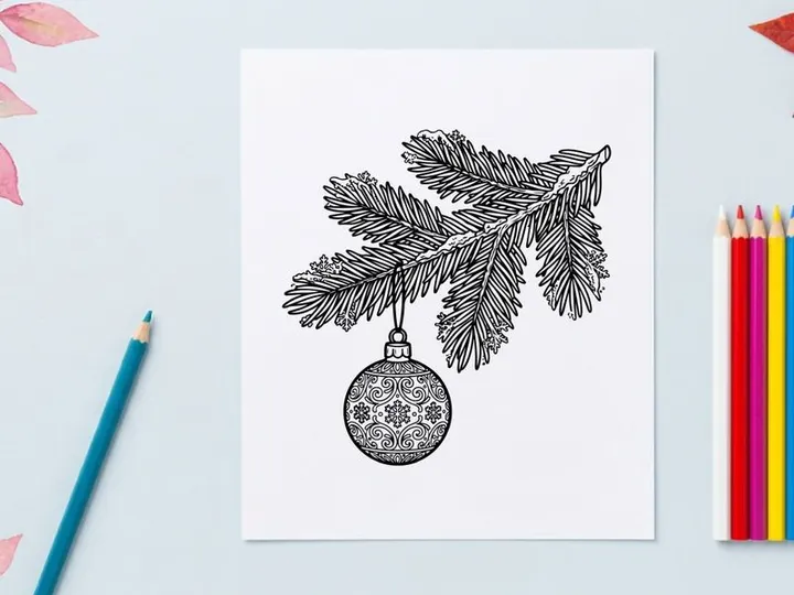 Christmas tree branch with hanging decorative bauble ornament sketch illustration