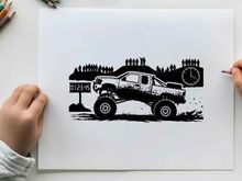 Silhouette of a truck racing on a track with spectators and a clock