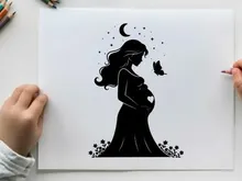 Pregnant woman silhouette with butterfly and moon