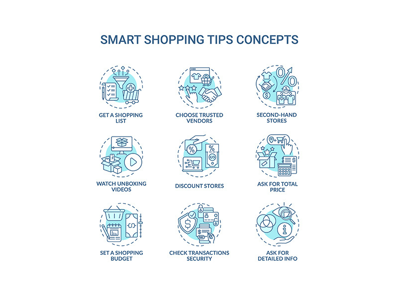 Smart shopping tips concept icons set