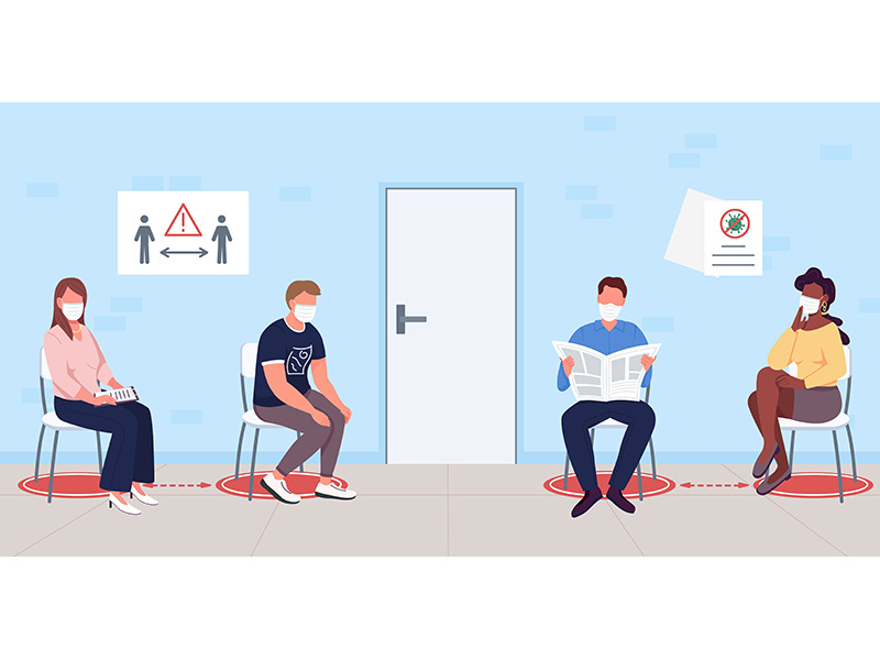 Patients waiting for coronavirus vaccine flat color vector illustration