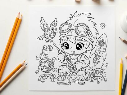 Cute scientist kid with gadgets and space vector illustration