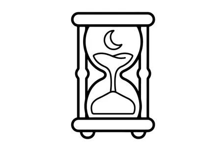 Reloj de arena dibujado a mano con símbolo de luna creciente que simboliza el paso del tiempo. Boceto vintage de reloj de arena para proyectos místicos o con temática de Halloween.