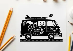 Silhouette of a psychedelic van with flower power silhouette