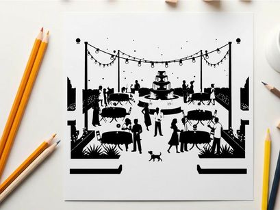 Silhouette of people at an outdoor wedding reception party