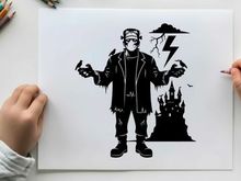 Frankenstein's monster silhouette in front of haunted castle