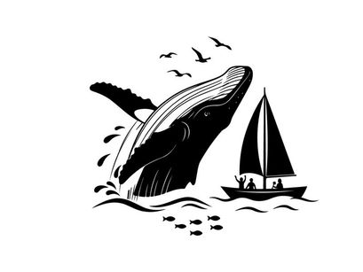 Whale silhouette jumping out of ocean beside sailboat silhouette