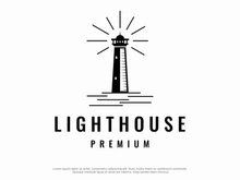 Sea lighthouse tower building creative logo with spotlights vintage vector template.