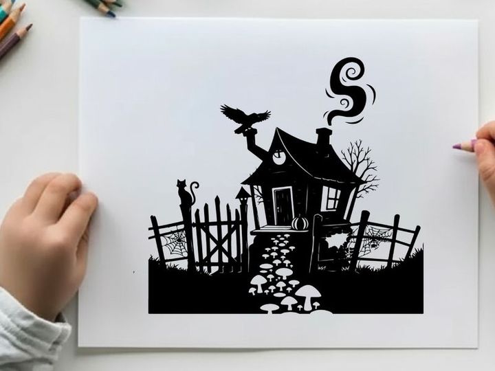 Spooky silhouette of haunted house with cat and bird