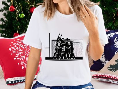 Black and white illustration of a soccer team celebrating a goal in front of a net