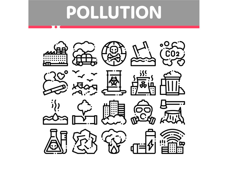 Pollution of Nature Vector Thin Line Icons Set