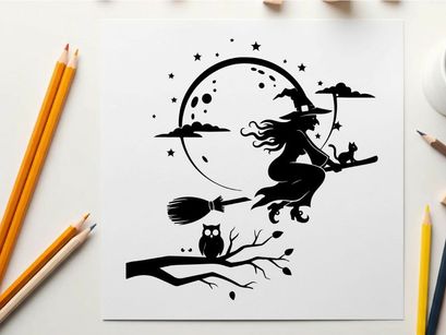 Witch silhouette flying on broomstick under full moon silhouette