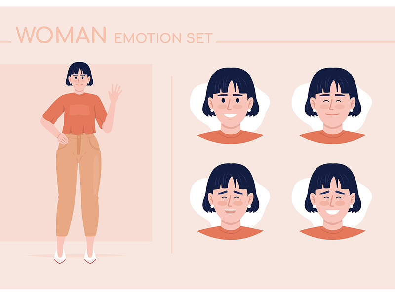 Happy young woman semi flat color character emotions set