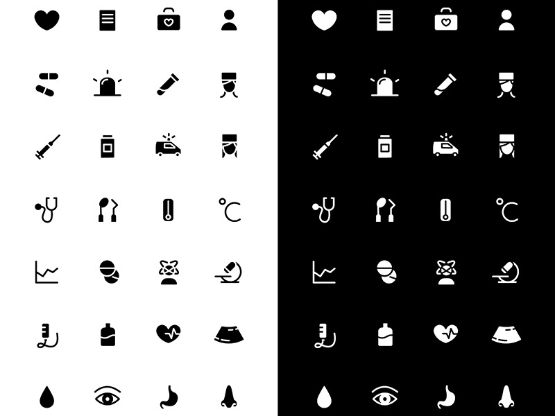 Medicine glyph icons set for night and day mode