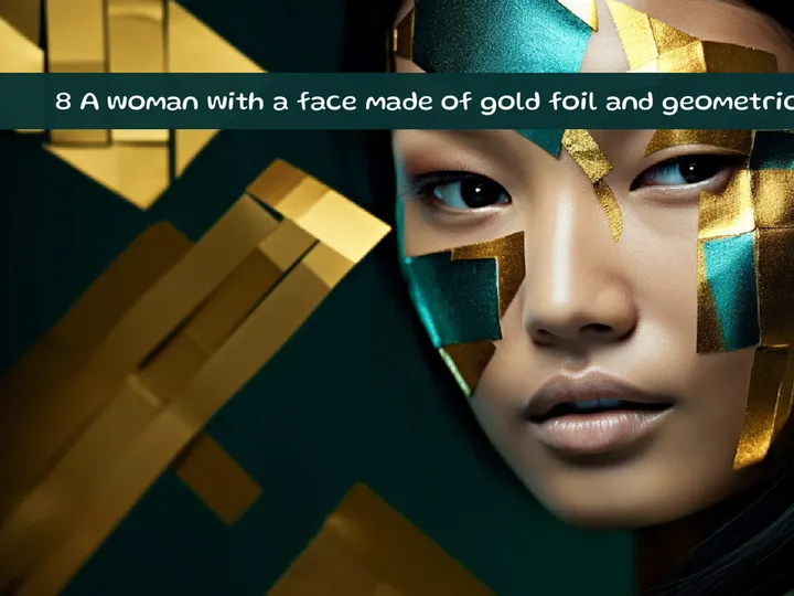 A woman with a face made of gold foil and geometric shapes