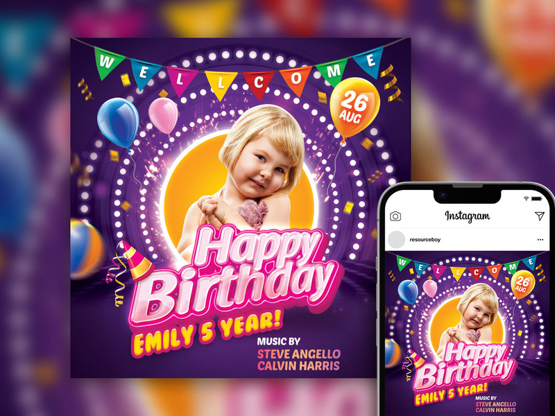 Free Colorful Kids Birthday Party Invitation Instagram Post Template