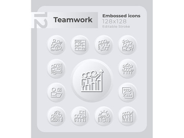 Teamwork in workplace embossed icons set preview picture