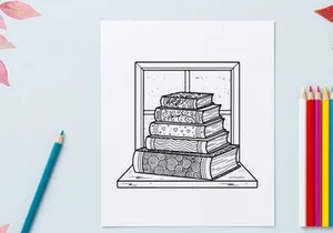 Tumpukan buku vintage dalam ceruk kaca dengan latar belakang bunga salju meriah untuk dekorasi liburan
